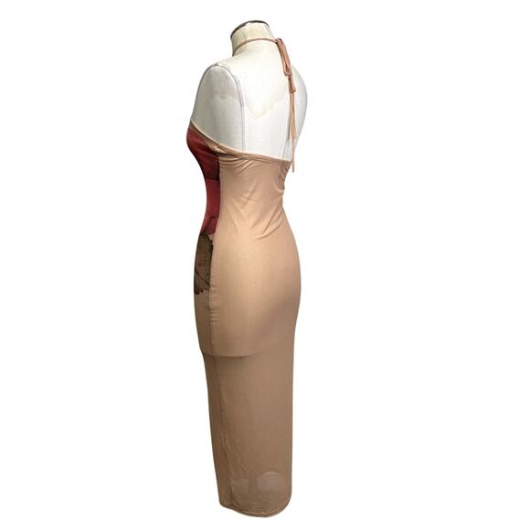 Romantic Rose Mesh Halter Tie Back Bodycon Midi Dress Burnout - Picture 8 of 12